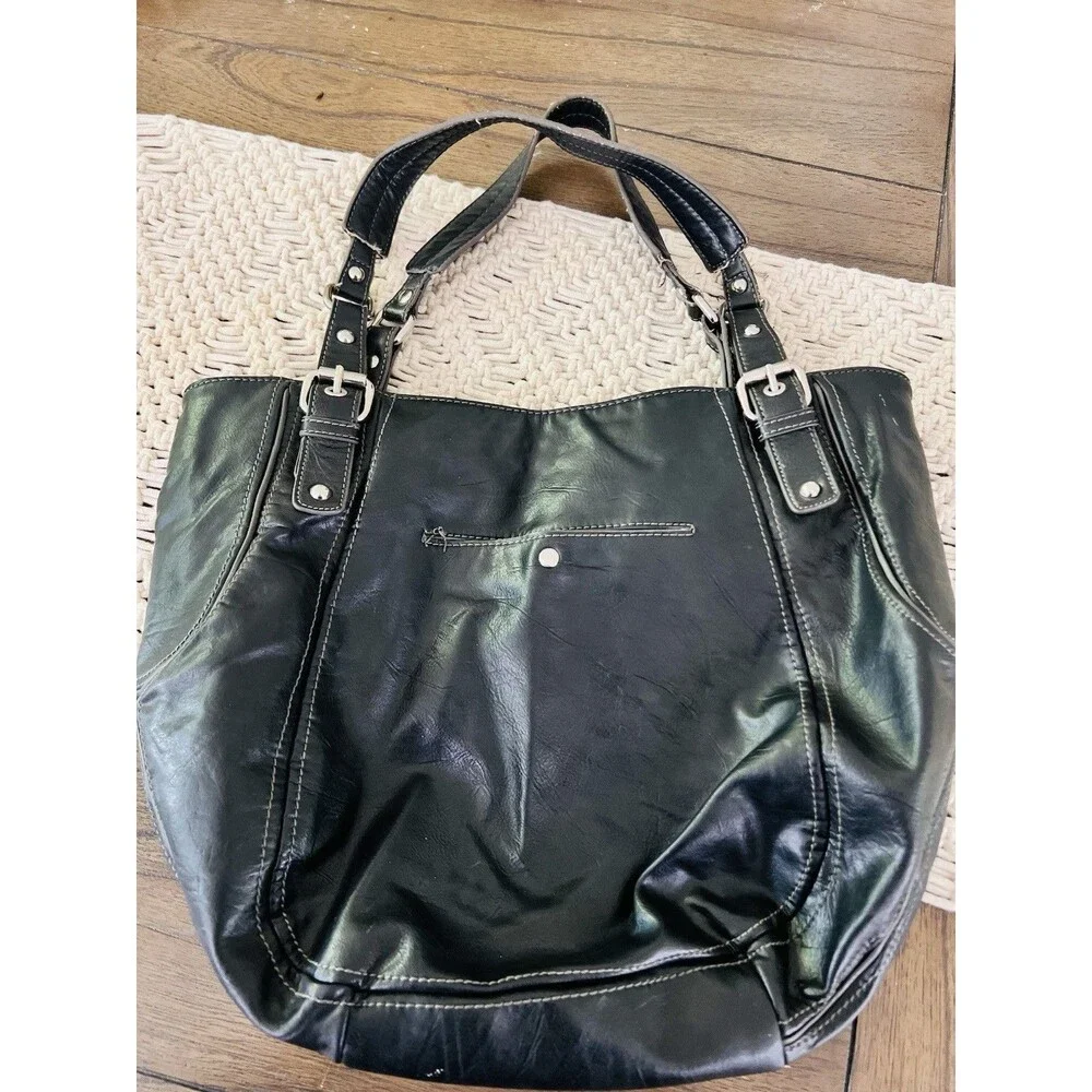 Nine West Black Vegan Leather Shoulder Tote Purse Double Zip Pocket Moto